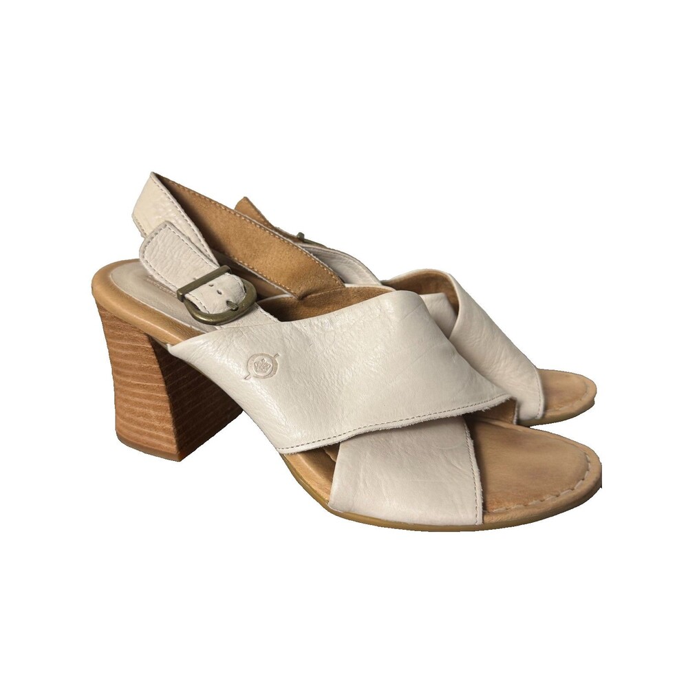 Born Ivory Leather Cross Strap Sandals Block Heel Boho Women's 9